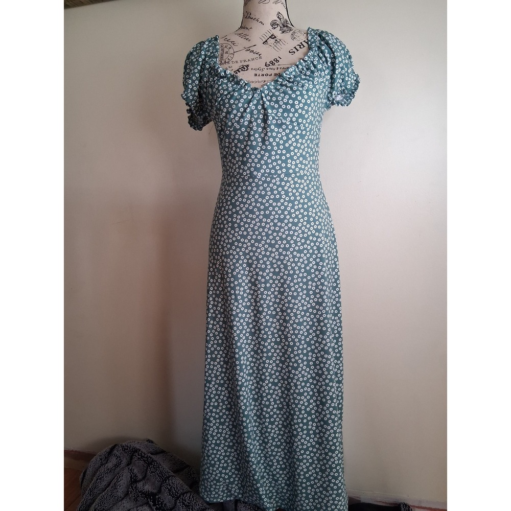 Ardene Teal Green White Floral Puff Sleeve Ruffle Maxi Dress Cottagecore